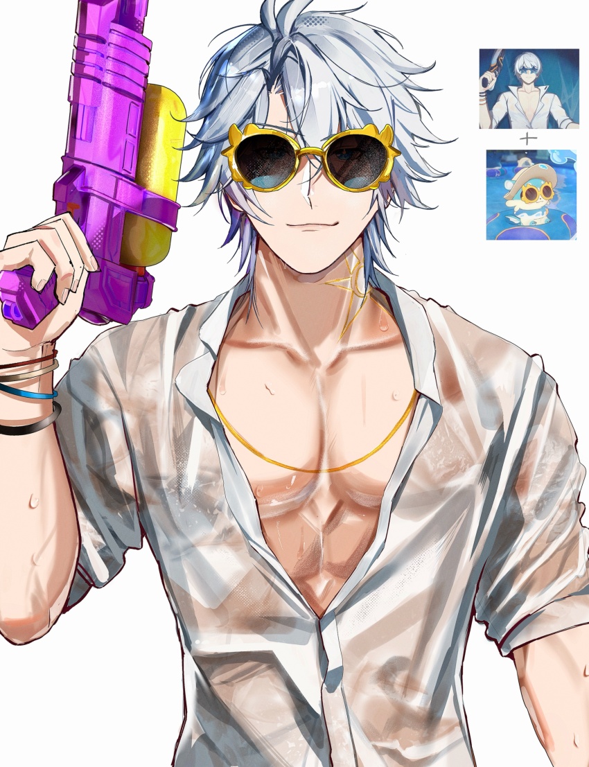 1boy abs absurdres blue_eyes bracelet chimera_(honkai:_star_rail) collarbone color_connection company_connection cosplay game_screenshot_inset hair_color_connection highres hino_satoshi holding holding_water_gun honkai:_star_rail honkai_(series) honkai_impact_3rd jewelry kevin_kaslana kevin_kaslana_(cosplay) male_focus neck_tattoo phainon_(honkai:_star_rail) reference_inset sheimuu shirt short_hair simple_background smile solo sunglasses tattoo toned toned_male trait_connection voice_actor_connection water_gun wet wet_clothes wet_shirt white_background white_hair white_shirt