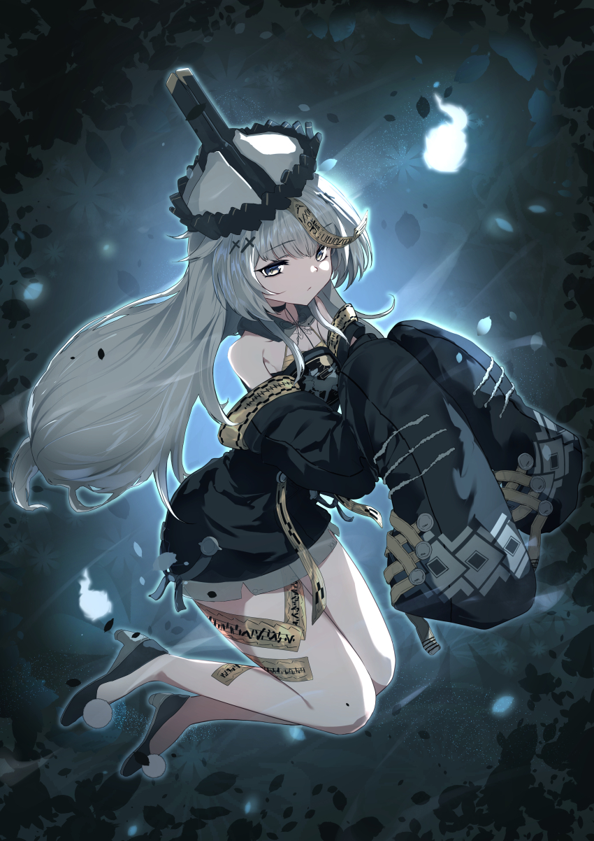 1girl absurdres dress eyebrows_hidden_by_hair full_body high_heels highres hitodama jiangshi jiangshi_costume long_hair looking_at_viewer no._21:_xxi_(pgr) no._21_(pgr) off_shoulder ofuda outstretched_arms punishing:_gray_raven solo takashi_san talisman white_hair zombie_pose