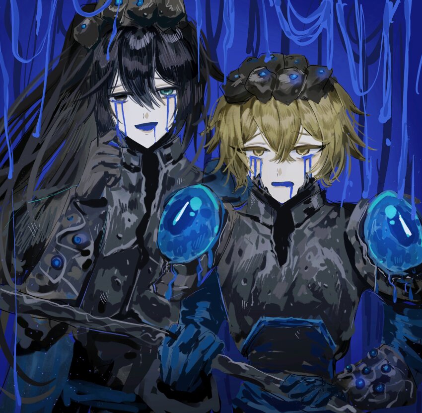 2boys armor black_armor black_gloves black_hair blonde_hair blubbering_toad_(project_moon) blue_gloves blue_tongue cavernous_wailing_(e.g.o) colored_tears colored_tongue crying e.g.o_(project_moon) fanmaiji1101 gloves high_ponytail highres holding holding_weapon hong_lu_(project_moon) limbus_company long_hair looking_at_viewer multiple_boys open_mouth ponytail project_moon sinclair_(project_moon) smile very_long_hair weapon yellow_eyes