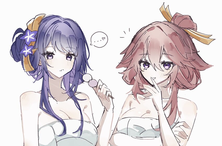 ... 2girls :t animal_ears breasts chewing cleavage closed_mouth commentary crossed_arms dango eating flower food food_on_face fox_ears genshin_impact hair_between_eyes hair_bun hair_flower hair_ornament hair_stick hand_up heart highres holding holding_food hyb_muyuu large_breasts light_blush long_hair long_sidelocks looking_at_viewer multiple_girls naked_towel notice_lines official_alternate_costume pink_hair purple_eyes purple_hair raiden_shogun sanshoku_dango side-by-side sidelocks simple_background smile speech_bubble spoken_ellipsis spoken_heart towel upper_body wagashi white_background yae_miko