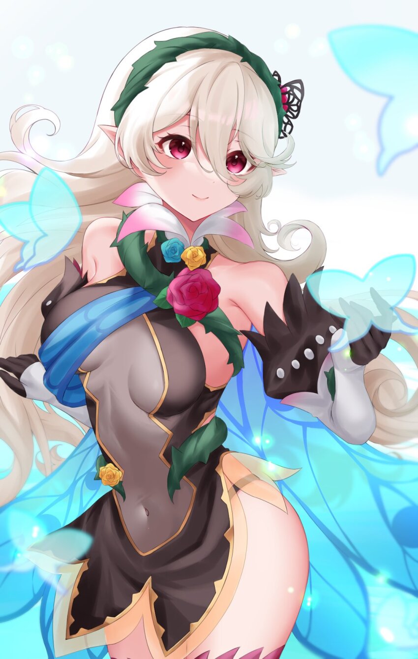 1girl armored_leotard armpits bare_shoulders blush breasts cape closed_mouth covered_navel dress elbow_gloves ell_0314 female_corrin_(fire_emblem) female_corrin_(resplendent)_(fire_emblem) fire_emblem fire_emblem_fates fire_emblem_heroes flower gloves gradient_clothes hair_ornament hair_vines hairband highres leotard long_hair looking_at_viewer medium_breasts nintendo official_alternate_costume panty_straps pointy_ears red_eyes see-through_clothes see-through_cutout smile solo thighhighs thighs thorns white_hair wing_cape