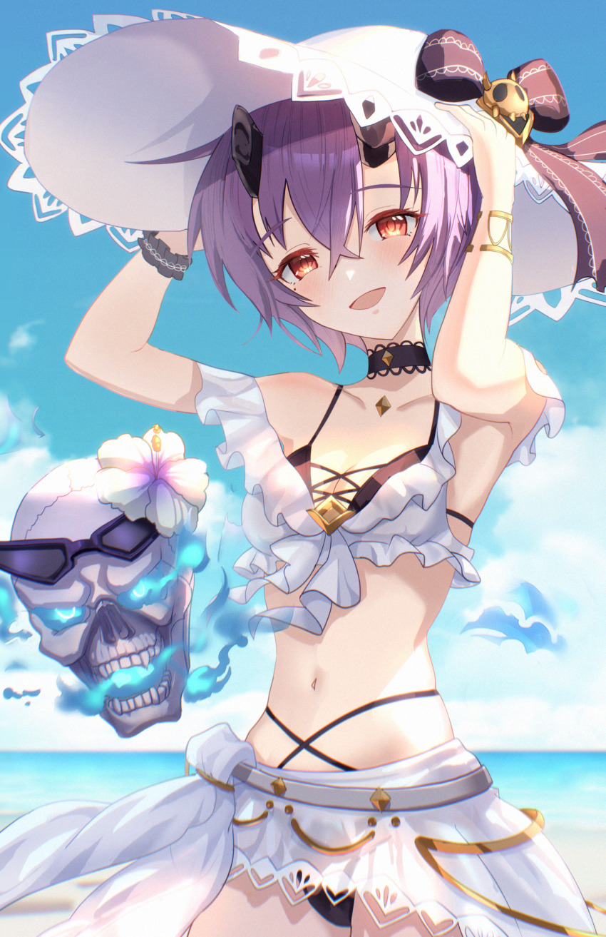 1girl bikini black_bikini black_choker bow broken_horns choker fire flaming_skull hand_up hat hat_bow highres layered_bikini navel official_alternate_costume okg princess_connect! purple_hair sarong shinobu_(princess_connect!) shinobu_(summer)_(princess_connect!) skeleton skull skullfather_(princess_connect!) swimsuit wrist_cuffs