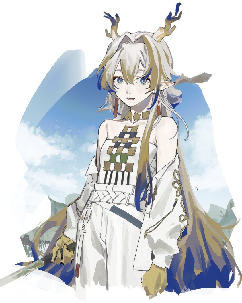 antlers arknights blue_eyes dragon_girl earrings grey_hair hair_between_eyes highres horns jacket jewelry kmmmb111 necklace open_mouth shu_(arknights) solo white_jacket