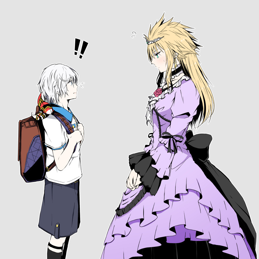 ! !! 2boys aqua_eyes backpack bag black_shorts blonde_hair blush chadley_(ff7) choker cloud_strife cloud_strife_(ball_gown) crossdressing dress dress_flower earrings final_fantasy final_fantasy_vii final_fantasy_vii_remake flower frilled_dress frills grey_background grey_hair highres jewelry long_dress long_hair long_sleeves looking_at_another male_focus multiple_boys nanao_(zonzonsh) neckerchief official_alternate_costume pink_flower pink_rose print_neckerchief purple_dress ribbon_choker rose shirt shorts spiked_hair sweatdrop tiara upper_body white_shirt
