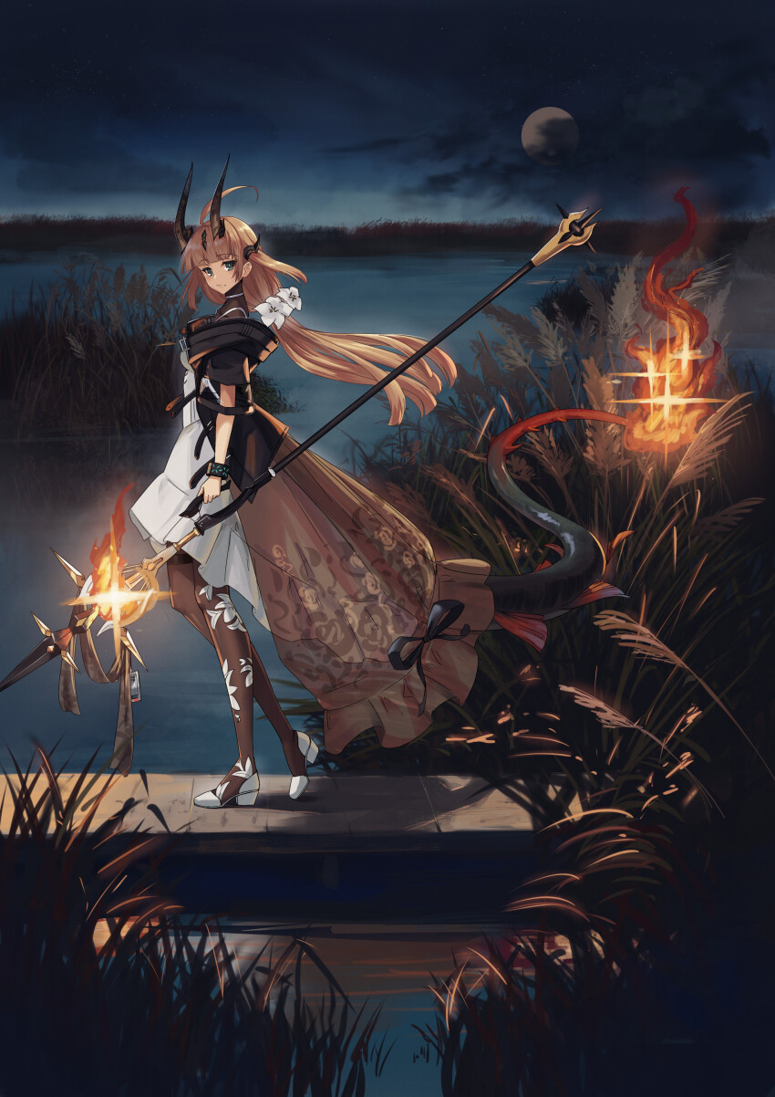 1girl absurdres ahoge arknights black_horns black_jacket black_pantyhose black_shirt blonde_hair closed_mouth dragon_girl dragon_horns dragon_tail dress fire flame-tipped_tail floral_print flower full_moon green_eyes hair_flower hair_ornament highres holding holding_staff horns infection_monitor_(arknights) jacket long_hair long_tail looking_at_viewer moon multiple_horns night night_sky nstch_root_a open_clothes open_jacket outdoors pantyhose reed_(arknights) reed_the_flame_shadow_(arknights) reeds shirt sky solo staff tail water white_dress white_flower