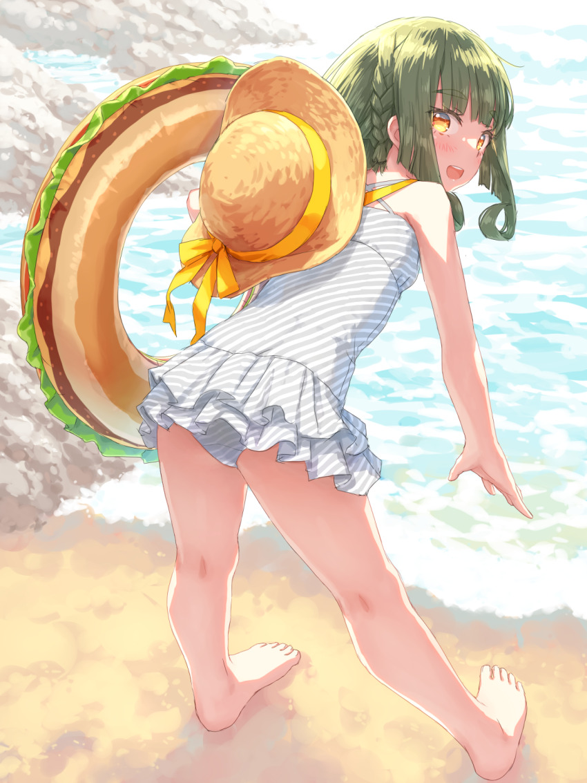 ass barefoot beach bending braid burger casual_one-piece_swimsuit dress_swimsuit feet food frilled_one-piece_swimsuit frills green_hair grey_one-piece_swimsuit hat hayashi_naoharu highres holding holding_swim_ring innertube kantai_collection legs_apart ocean one-piece_swimsuit outdoors ribbon sand short_hair short_hair_with_long_locks sidelocks spread_legs striped_clothes striped_one-piece_swimsuit swim_ring swimsuit swimsuit_skirt takanami_(kancolle) takanami_(swimsuit)_(kancolle) water wavy_hair white_one-piece_swimsuit yellow_eyes