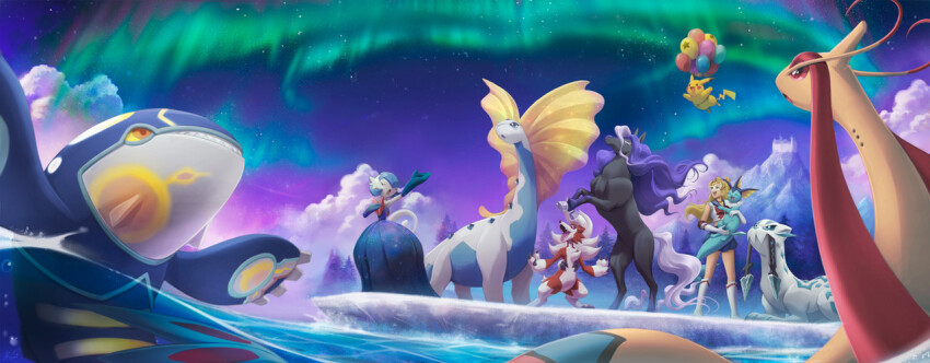 aurora aurorus balloon closed_eyes closed_mouth cloud gardevoir gen_1_pokemon gen_3_pokemon gen_6_pokemon gen_7_pokemon koriarredondo kyogre legendary_pokemon lycanroc milotic nintendo open_mouth pikachu pokemon pokemon_(creature) spectrier standing star_(sky) vaporeon