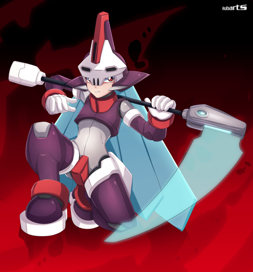 1boy absurdres armor axasempai blue_hair energy_blade full_body helmet highres holding holding_scythe light_blue_hair male_focus mega_man_(series) mega_man_zx model_w_(mega_man) power_armor prometheus_(mega_man) purple_armor purple_helmet red_background red_eyes scythe skull-shaped_hat solo white_helmet