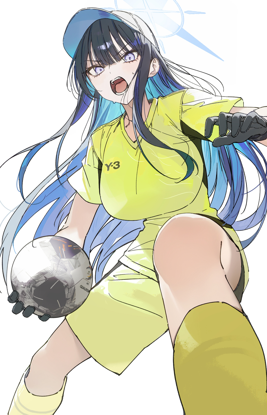 1girl absurdres ball black_gloves black_hair blue_archive blue_hair breasts drive_shot gloves halo highres holding holding_ball large_breasts looking_at_viewer multicolored_hair open_mouth saori_(blue_archive) shirt shorts simple_background soccer soccer_ball solo streaked_hair white_background yellow_shirt yellow_shorts
