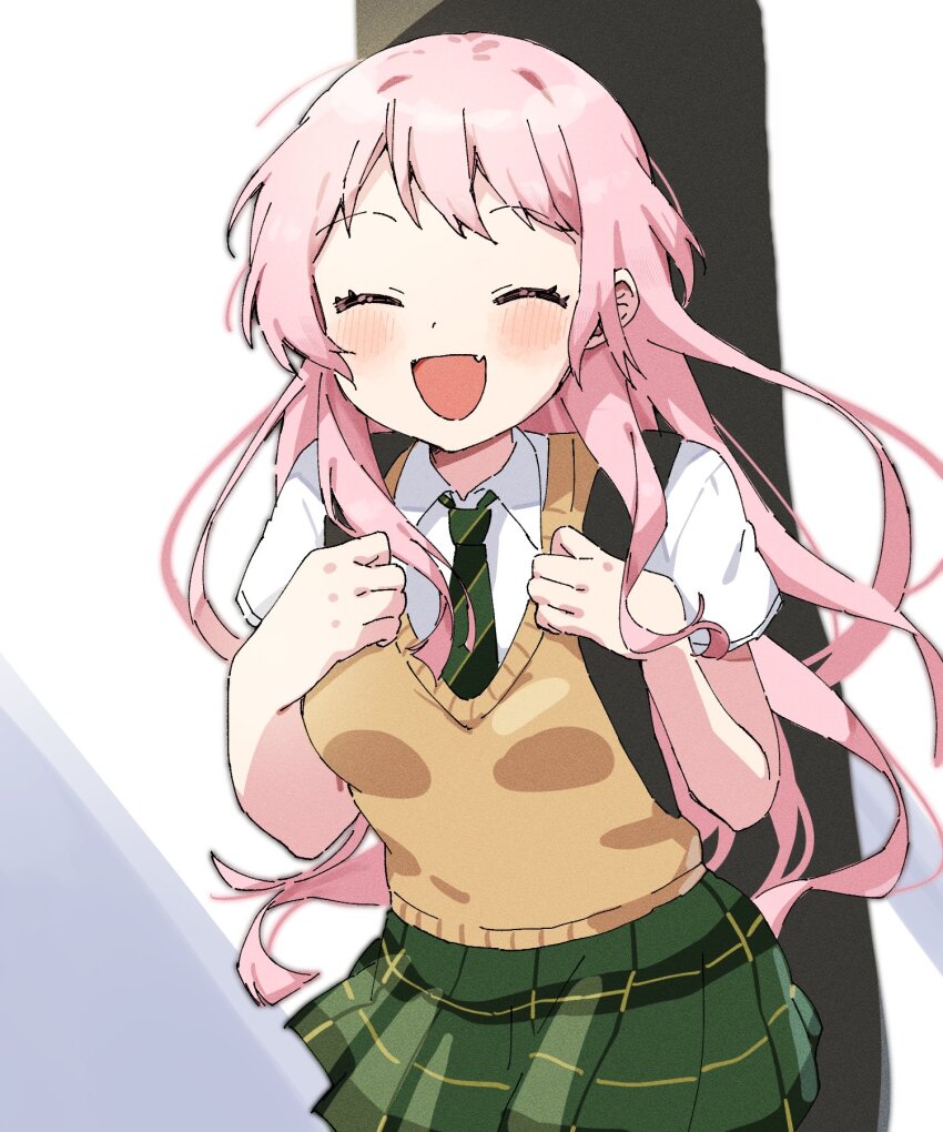 1girl bang_dream! bang_dream!_it&#039;s_mygo!!!!! blush breasts chihaya_anon closed_eyes collared_shirt fang green_necktie green_skirt highres instrument_case instrument_on_back kio_(bangskosko) long_hair medium_breasts necktie open_mouth pink_hair plaid_clothes plaid_skirt shirt short_sleeves skin_fang skirt smile solo striped_necktie sweater_vest white_background white_shirt yellow_sweater_vest