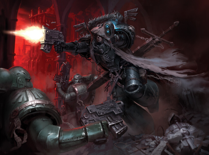 3boys adeptus_astartes armor armor_writing battle bolt_(warhammer_40k) bolter bolter_pistol broken_statue brown_bag censer chain chaos_space_marine cloak clothes_writing column cypher_(warhammer_40k) dagger dark_angel energy_gun fighting_stance firing green_armor grey_armor grey_hair gun holding holding_gun holding_weapon hood hood_over_eyes hooded_cloak joncave key knife latin_text leather_bag leather_belt male_focus multiple_boys pillar pouch power_armor purity_seal running scar shaded_face sheath shell_casing shoulder_spikes skeleton_print skull_ornament smoke spikes statue sword sword_on_back thigh_pouch torn_cloak torn_clothes warhammer_40k weapon weapon_on_back white_cloak winged_skull winged_sword