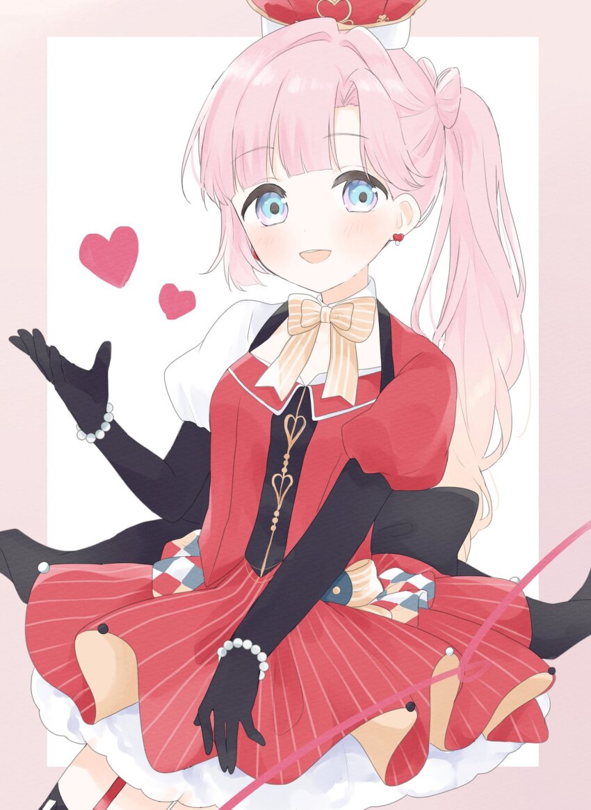 1girl anyoji_hime arched_crown asymmetrical_sleeves black_gloves blue_eyes blunt_bangs border bow-shaped_hair cowboy_shot crown dress earrings elbow_gloves garter_straps gloves hair_intakes heart heart_earrings highres jewelry link!_like!_love_live! long_hair looking_at_viewer love_live! mismatched_sleeves official_alternate_costume outside_border pink_border pink_hair pinstripe_dress pinstripe_pattern puffy_short_sleeves puffy_sleeves red_crown red_dress short_sleeves side_ponytail simple_background single_sidelock solo umi_(nana_spring) virtual_youtuber white_background zenhoi_kyun