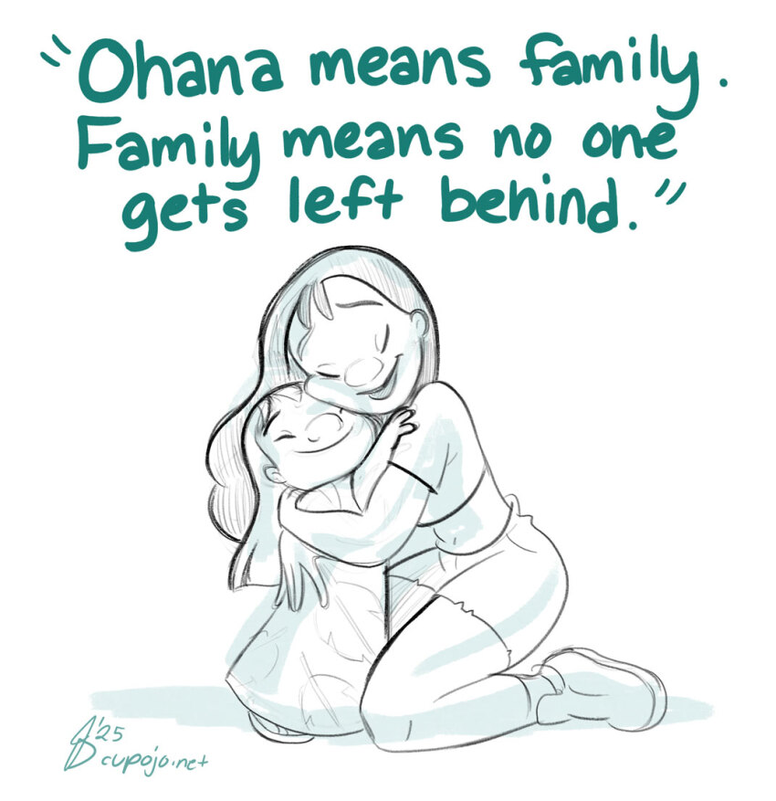 2girls breasts closed_eyes closed_mouth crop_top dress english_text hug jothezette large_breasts lilo_&amp;_stitch lilo_pelekai long_hair multiple_girls nani_pelekai shoes short_sleeves shorts siblings sisters smile socks