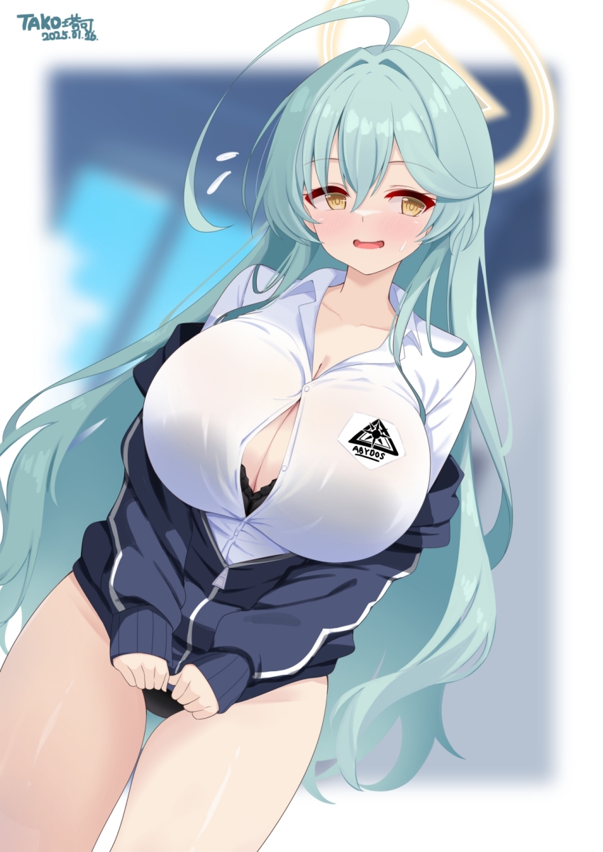 1girl ahoge artist_name black_bra blue_archive blue_jacket blush bra bra_peek breasts buruma button_gap cleavage collarbone covering_crotch covering_privates dated embarrassed grey_hair hair_between_eyes halo highres huge_ahoge huge_breasts ineedu041_tako jacket jacket_tug long_hair looking_to_the_side open_mouth partially_unzipped shirt solo standing sweatdrop thighs track_jacket underwear white_shirt yellow_eyes yellow_halo yume_(blue_archive) zipper