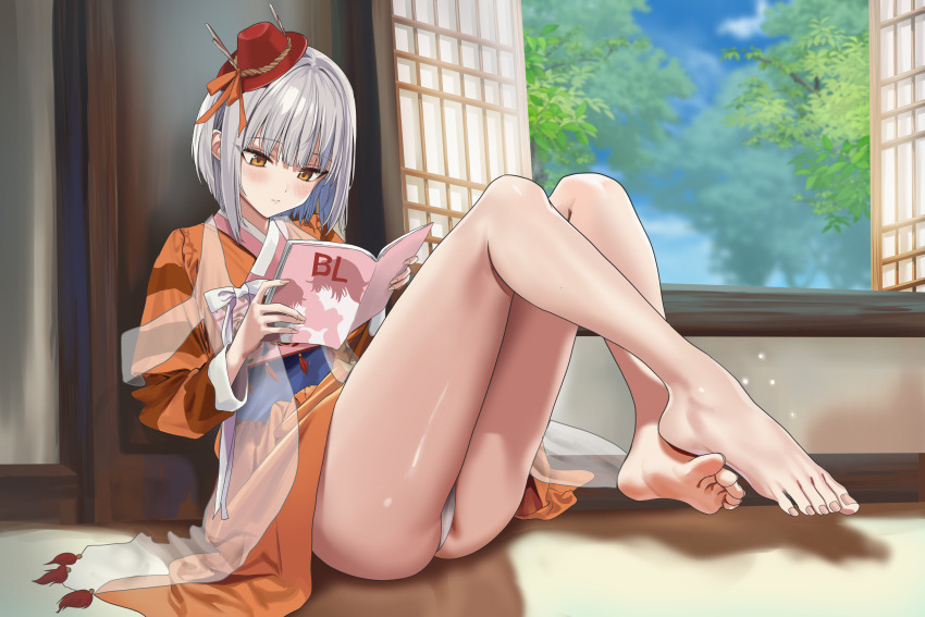 1girl absurdres barefoot blush boku_no_kanojo_wa_ningyohime!? commission grey_hair hat hidis0086 highres holding holding_magazine indoors japanese_clothes kimono knees_up looking_at_object magazine_(object) medium_hair mini_hat obi orange_kimono panties pixiv_commission pornography rin_(boku_no_kanojo_wa_ningyohime!?) sash sitting solo underwear white_panties window yellow_eyes
