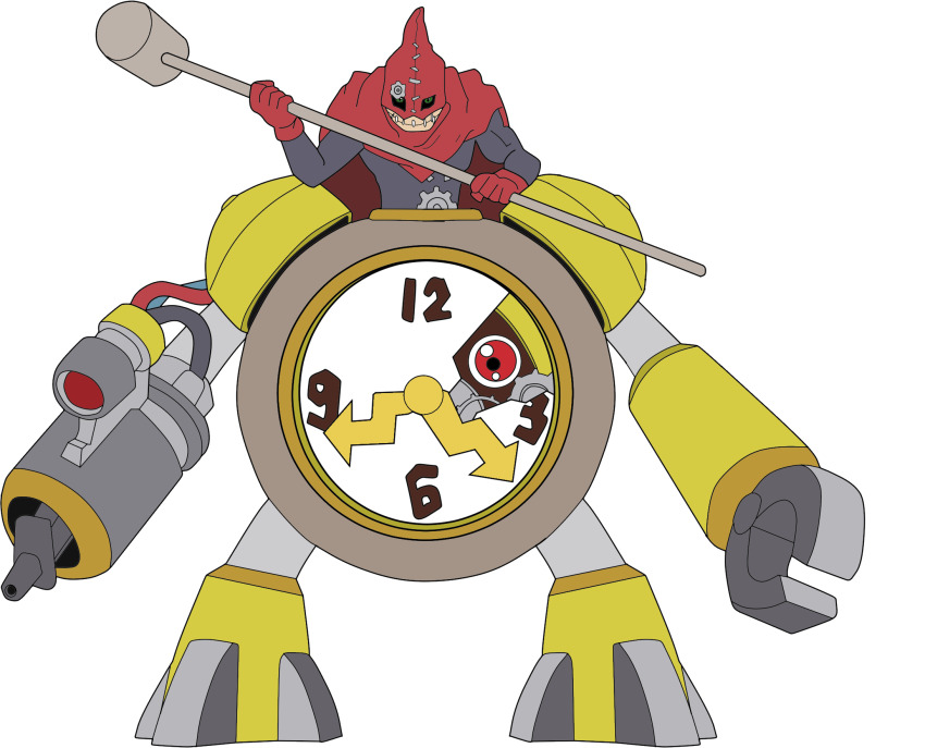 1boy clock clockmon digimon digimon_(creature) hammer highres male_focus red_eyes solo