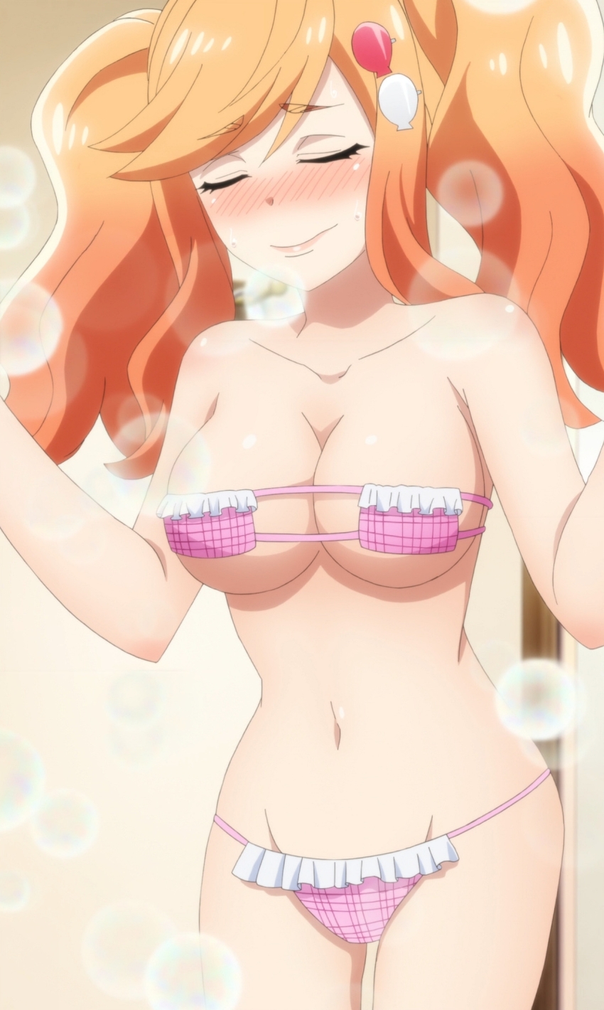 1girl anime_screenshot bikini breasts cleavage female_focus highres large_breasts navel orange_hair pink_bikini saki-chan_(tejina_senpai) solo standing stitched swimsuit tejina_senpai_(series) third-party_edit