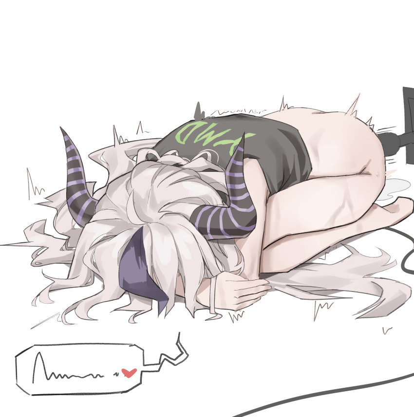 1girl absurdres ass black_horns grey_hair heart highres hololive hololive_english horns la+_darknesss long_hair purple_streaks pussy_juice scarlet_(wv0102) sex_machine sex_toy simple_background solo speech_bubble striped_horns virtual_youtuber white_background