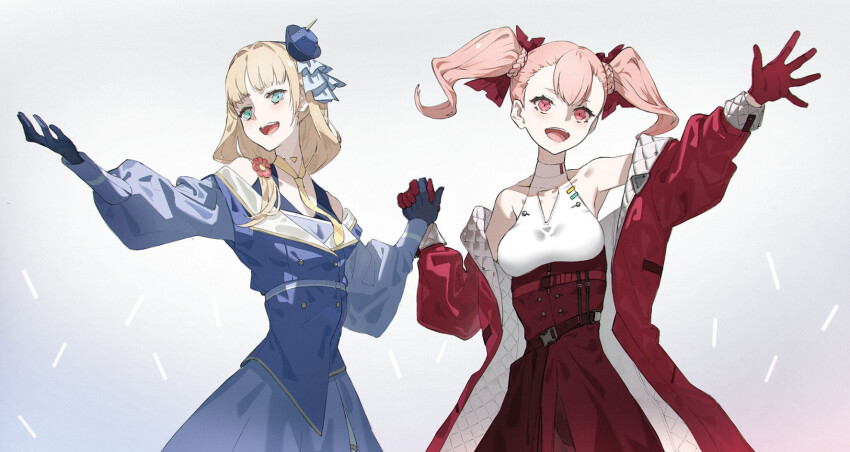 2girls blonde_hair bodysuit center-flap_bangs ciel_(synduality) cropped_legs dress ellie_(synduality) flower green_eyes hair_flower hair_ornament hair_ribbon highres holding_hands jacket long_hair low_side_ponytail magus_(synduality) multiple_girls neco off_shoulder pink_hair ribbon sleeveless sleeveless_dress synduality synduality_ellie twintails waving