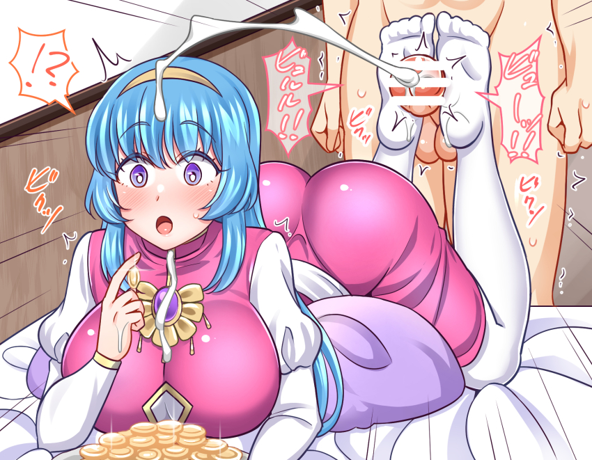 1boy 1girl ass bed bed_sheet blue_hair blush breasts censored clueless coins counting counting_money cum dress ejaculation estpolis_denki feet feet_up footjob gem gold hairband highres huge_ass indoors jewelry large_breasts long_hair lufia lying merchant money necklace on_stomach open_mouth pendant penis pillow projectile_cum puffy_sleeves purple_eyes soles surprised testicles thighhighs tia_(estpolis_denki) yakisobapan_tarou_&amp;_negitoro-ko