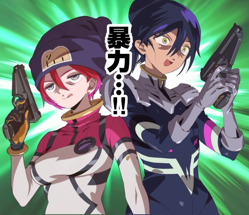 2girls :q amate_yuzuriha aqua_eyes bodysuit breasts earrings finger_on_trigger gun gundam gundam_gquuuuuux hair_bun handgun hat highres holding holding_gun holding_weapon jewelry keuma long_hair mecha_pilot_suit multicolored_bodysuit multiple_girls normal_suit_(gundam) nyaan_(gundam_gquuuuuux) open_mouth red_hair science_fiction short_hair smile tongue tongue_out upper_body weapon yellow_eyes