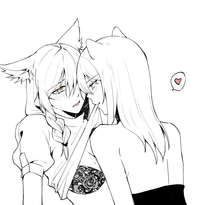 2girls animal_ears arknights blush braid breasts chinese_commentary cleavage clothes_in_mouth clothes_lift commentary_request drlee_lili heart highres long_hair medium_breasts mouse_ears mouse_girl mouth_hold multiple_girls open_mouth provence_(arknights) puffy_short_sleeves puffy_sleeves scavenger_(arknights) shirt_in_mouth shirt_lift short_sleeves simple_background spoken_heart spot_color sweatdrop teeth upper_body white_background wolf_ears wolf_girl yellow_eyes yuri