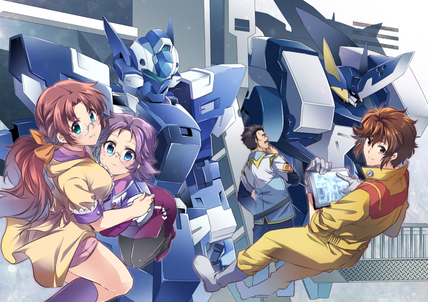 2boys 2girls aqua_eyes armorlion bittsu_(v1tz) black_hair blue_eyes boots character_request exbein facial_hair floating glasses green_eyes hair_behind_ear hangar holding holding_tablet_pc jumpsuit latune_subbota mecha multiple_boys multiple_girls mustache purple_hair red_hair robot ryouto_hikawa science_fiction super_robot_wars super_robot_wars_original_generation tablet_pc visor white_footwear yellow_jumpsuit