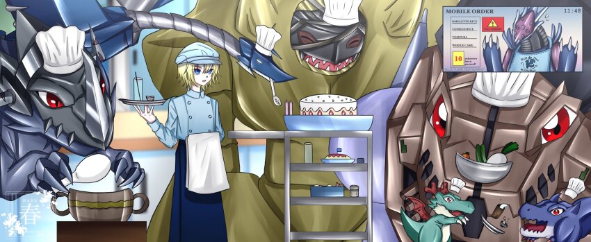 aonuma_kiriha apron cake closed_eyes cyberdramon_(digimon_xros_wars) deckerdramon digimon digimon_(creature) dracomon dragon food gaossmon golemon greymon_(digimon_xros_wars) highres looking_at_viewer mailbirdramon open_mouth red_eyes sharp_teeth tail teeth