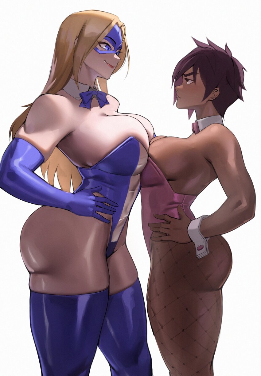 2girls absurdres adapted_costume ass blonde_blazer blonde_hair bow bowtie breast_press breasts dark-skinned_female dark_skin detached_collar dispatch elbow_gloves eye_mask face_piercing fishnet_pantyhose fishnets gloves hands_on_own_hips highleg highleg_leotard highres huge_ass huge_breasts invisigal large_breasts leotard mask multiple_girls nose_piercing nose_ring pantyhose piercing strapless strapless_leotard symmetrical_docking tall_female thick_thighs thighhighs thighs wrist_cuffs zukululuu