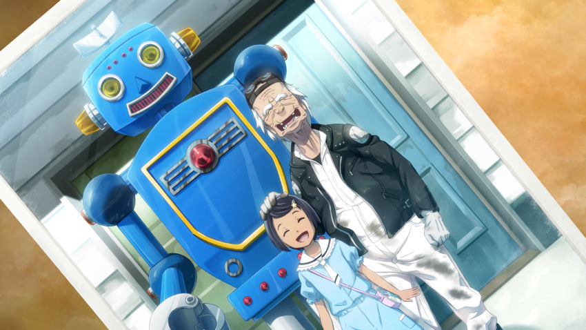 1boy 1girl aged_down bad_tag bag beret black_hair black_shirt blue_dress bob_cut clenched_hand closed_eyes daitoku_junna dark-skinned_female dark_skin dirty dirty_clothes door dress dutch_angle frilled_sleeves frills fujita_tetsuharu fukuda_tomonori game_cg gloves hair_ornament hat highres jacket jumpsuit leather leather_jacket missing_tooth non-web_source official_art old old_man open_collar open_mouth photo_(object) pink_bag puffy_short_sleeves puffy_sleeves robot robotics;notes shirt short_hair short_sleeves smile standing star_(symbol) star_hair_ornament thick_eyebrows tongue white_gloves white_hair white_jumpsuit work_gloves