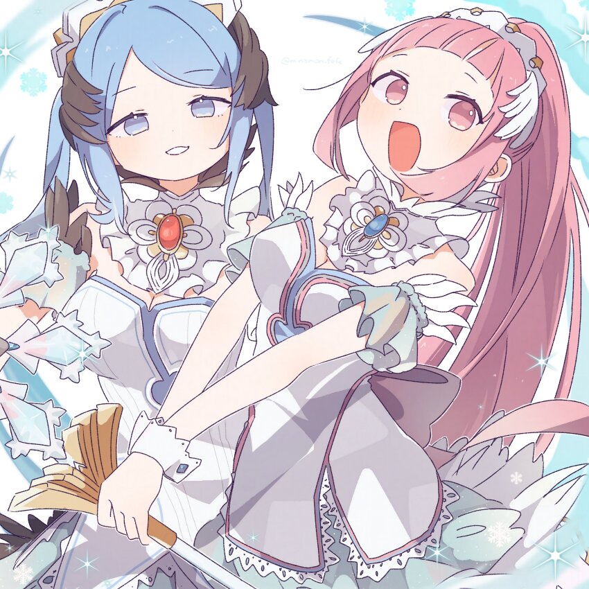 2girls absurdres aqua_eyes blue_hair breasts cleavage dress feather_trim felicia_(fire_emblem) felicia_(ice)_(fire_emblem) fire_emblem fire_emblem_fates fire_emblem_heroes flora_(fire_emblem) flora_(ice)_(fire_emblem) frost highres long_hair looking_at_viewer medium_breasts multiple_girls nintendo official_alternate_costume open_mouth pink_hair siblings sisters sorane_amus white_dress wrist_cuffs