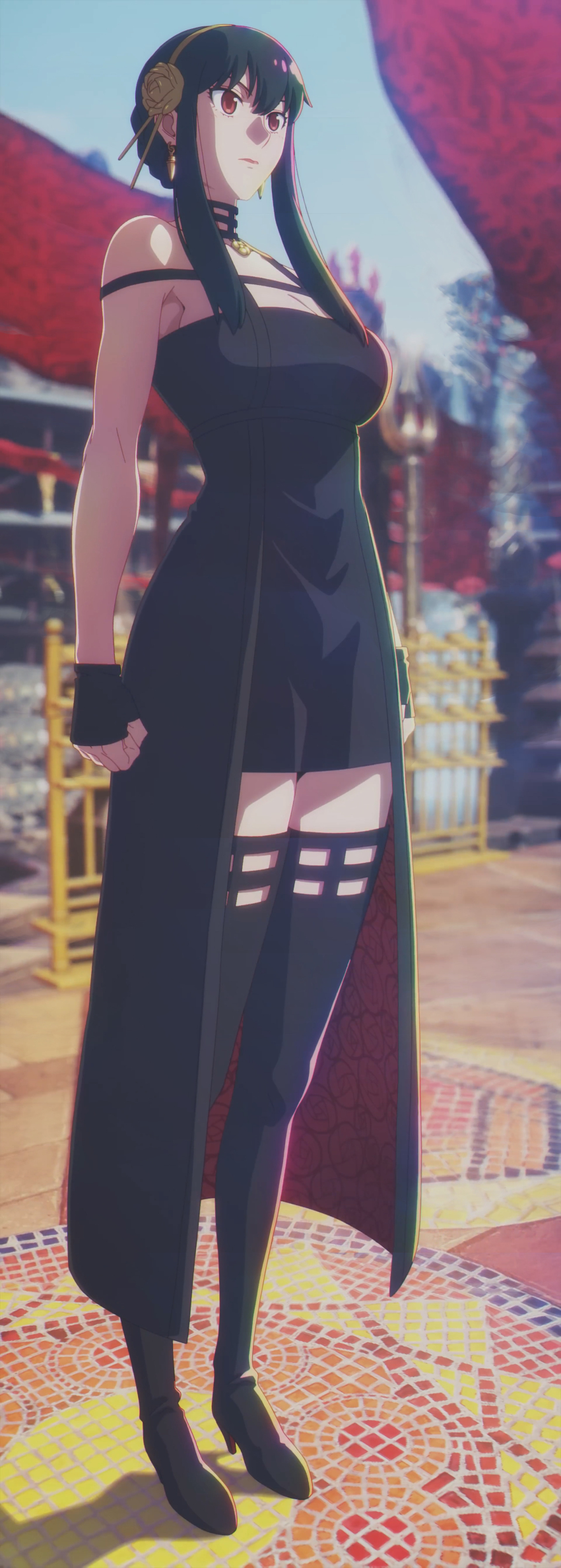 1girl absurdres artist_collaboration black_hair breasts cleavage high_heels highres large_breasts panorama red_eyes solo spy_x_family stitched street_fighter street_fighter_6 tagme third-party_edit tyrenelindstar yor_briar