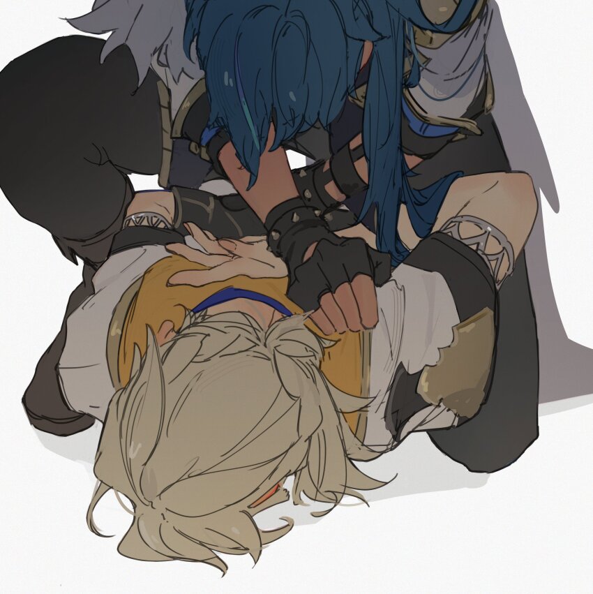 2boys aji_11300913 albedo_(genshin_impact) arms_behind_back arrest black_gloves black_pants black_shoes blonde_hair blue_hair capelet commentary_request dark-skinned_male dark_skin fingerless_gloves foot_out_of_frame fur-trimmed_capelet fur_trim genshin_impact gloves highres holding_hands jacket kaeya_(genshin_impact) leaning_on_person long_hair male_focus medium_hair multiple_boys pants shoes simple_background upper_body white_background white_jacket
