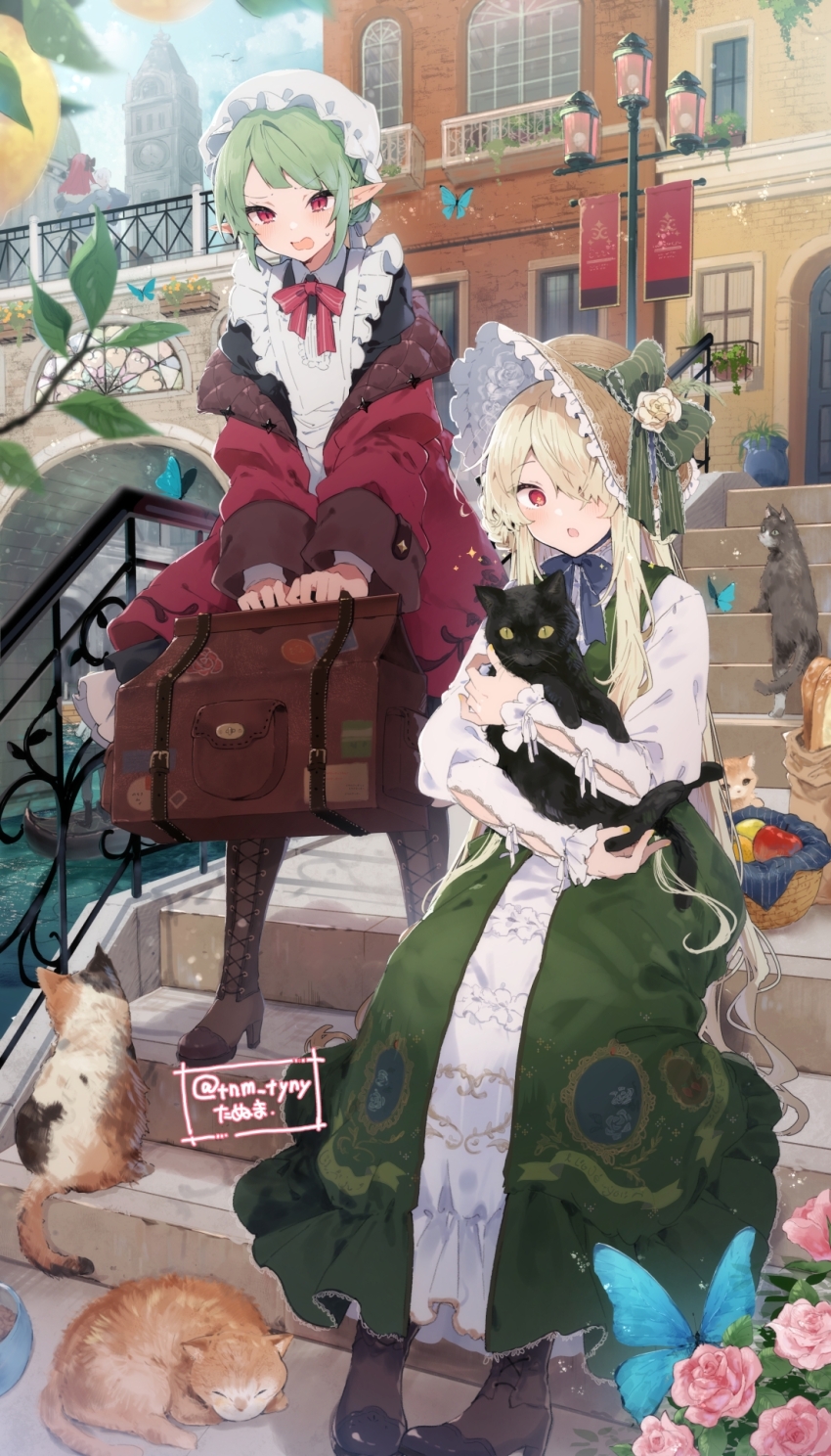 +_+ 1boy 3girls animal anna_(ikeuchi_tanuma) apple apron bag baguette basket blonde_hair blue_bow blue_bowtie bonnet boots bow bowtie bread bug building butterfly calico_(pattern) calico_cat cat chestnut_mouth clock clock_tower coat commentary_request dress edel_(ikeuchi_tanuma) flower food fruit green_bow green_dress green_hair green_ribbon hair_over_one_eye hat hat_bow hat_flower high_heel_boots high_heels highres holding holding_animal holding_bag holding_cat ikeuchi_tanuma insect lamppost long_hair long_sleeves maid maid_apron mob_cap multiple_girls open_clothes open_coat open_mouth original outdoors pinstripe_bow pinstripe_ribbon plant pointy_ears potted_plant red_bow red_bowtie red_coat red_eyes ribbon rosette_(ikeuchi_tanuma) rudy_(ikeuchi_tanuma) slit_pupils small_sweatdrop stairs tower very_long_hair vines wavy_hair wavy_mouth white_dress window