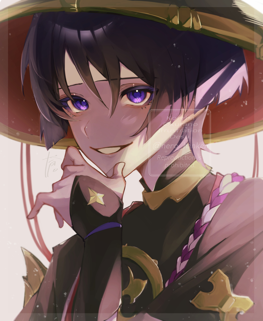 1boy absurdres armor black_bodysuit black_hair black_kimono black_sleeves blunt_ends bodysuit border curled_fingers eyelashes eyeliner eyeshadow genshin_impact gold hand_up hat highres japanese_armor japanese_clothes jewelry jingasa juban kimono kote kurokote makeup male_focus mandarin_collar neck_ring nero_hanken open_clothes open_kimono open_mouth purple_eyes purple_rope red_eyeliner red_eyeshadow red_hat red_kimono rope scaramouche_(genshin_impact) shimenawa short_sleeves single_sode smile solo watermark white_background white_border white_kimono white_mouth white_rope wispy_bangs