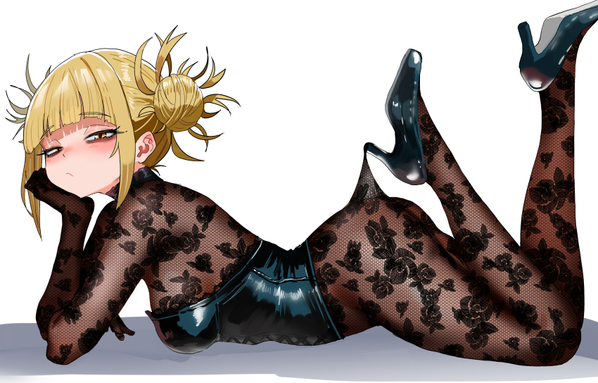 1girl absurdres ass black_leotard black_shoes blonde_hair blunt_bangs boku_no_hero_academia breasts brown_pantyhose double_bun full_body hair_bun highres lace_pantyhose_hooked_on_heel_(meme) leotard looking_at_viewer lying medium_breasts meme messy_hair on_stomach pantyhose shoes short_hair simple_background solo toga_himiko white_background zd_(pixiv6210083)