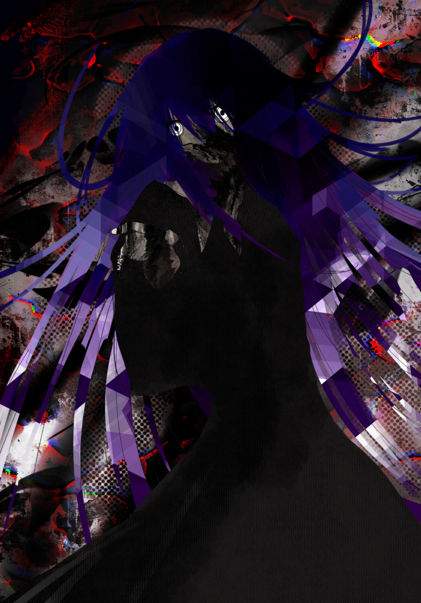 1girl black_dress chromatic_aberration commentary commentary_request cowboy_shot damsel_(tone_sphere) darkness dress english_commentary expressionless glitch hair_between_eyes highres long_bangs long_hair long_sleeves looking_at_viewer red_background sixsec6ndzlater solo tone_sphere white_eyes wide_sleeves