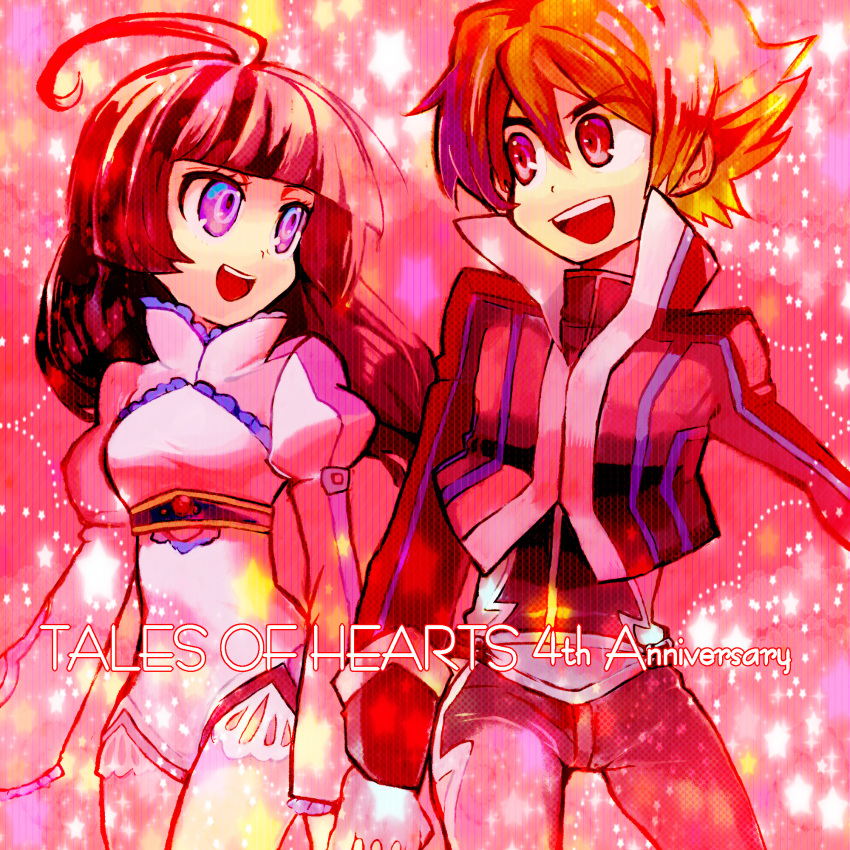 1boy 1girl ahoge armor black_hair bodysuit breasts brown_hair frills gloves highres jacket kohaku_hearts long_hair pants purple_eyes red_eyes kor_meteor short_hair tales_of_(series) tales_of_hearts wide_sleeves