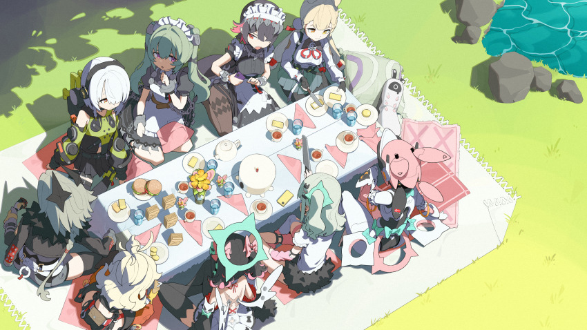 6+girls absurdres alice_thymefield anby_demara animal_ears apron back bare_shoulders black_hair black_jack_(series) blonde_hair burger caesar_king_(zenless_zone_zero) cake chest_bow chinatsu_remiel closed_mouth colored_inner_hair corin_wickes cup detached_pants eating ellen_joe fingerless_gloves fins fish_tail flying_nimbus food from_above fur-trimmed_jacket fur-trimmed_skirt fur_trim gloves grass green_hair green_jacket green_ribbon green_sleeves hair_ornament hair_ribbon hairband hairclip headphones heterochromia highres humanoid_robot jacket leg_warmers looking_at_another maid maid_apron maid_headdress metal_hairband mole mole_under_eye multicolored_hair multicolored_sleeves multiple_girls multiple_thigh_straps on_grass open_mouth orange_eyes outdoors pink_arm_warmers pink_leg_warmers pink_ribbon piper_wheel plate prosthesis prosthetic_arm rabbit_ears rabbit_girl razor_blade_hair_ornament ribbon robot rock rokudu_sariel screw_hair_ornament shadow shark_girl shark_tail shirt sitting skirt sleeveless sleeveless_jacket sphere_hair_ornament spiked_headband striped_arm_warmers striped_leg_warmers stuffed_toy table tail teapot twintails water white_apron white_hair white_shirt wings xiaotong yellow_eyes yellow_gloves yutane_johiel zenless_zone_zero