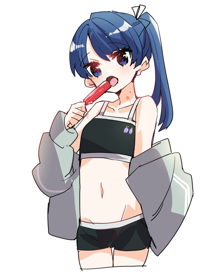 1girl alternate_costume bare_shoulders bike_shorts black_shorts black_sports_bra blue_eyes blue_hair breasts collarbone commentary cowboy_shot cropped_legs eating food grey_jacket groin hickey highres holding holding_food holding_popsicle jacket jacket_partially_removed kanduki_kamibukuro link!_like!_love_live! love_live! micro_shorts murano_sayaka navel open_mouth ponytail popsicle shorts simple_background small_breasts solo sports_bra stomach virtual_youtuber white_background