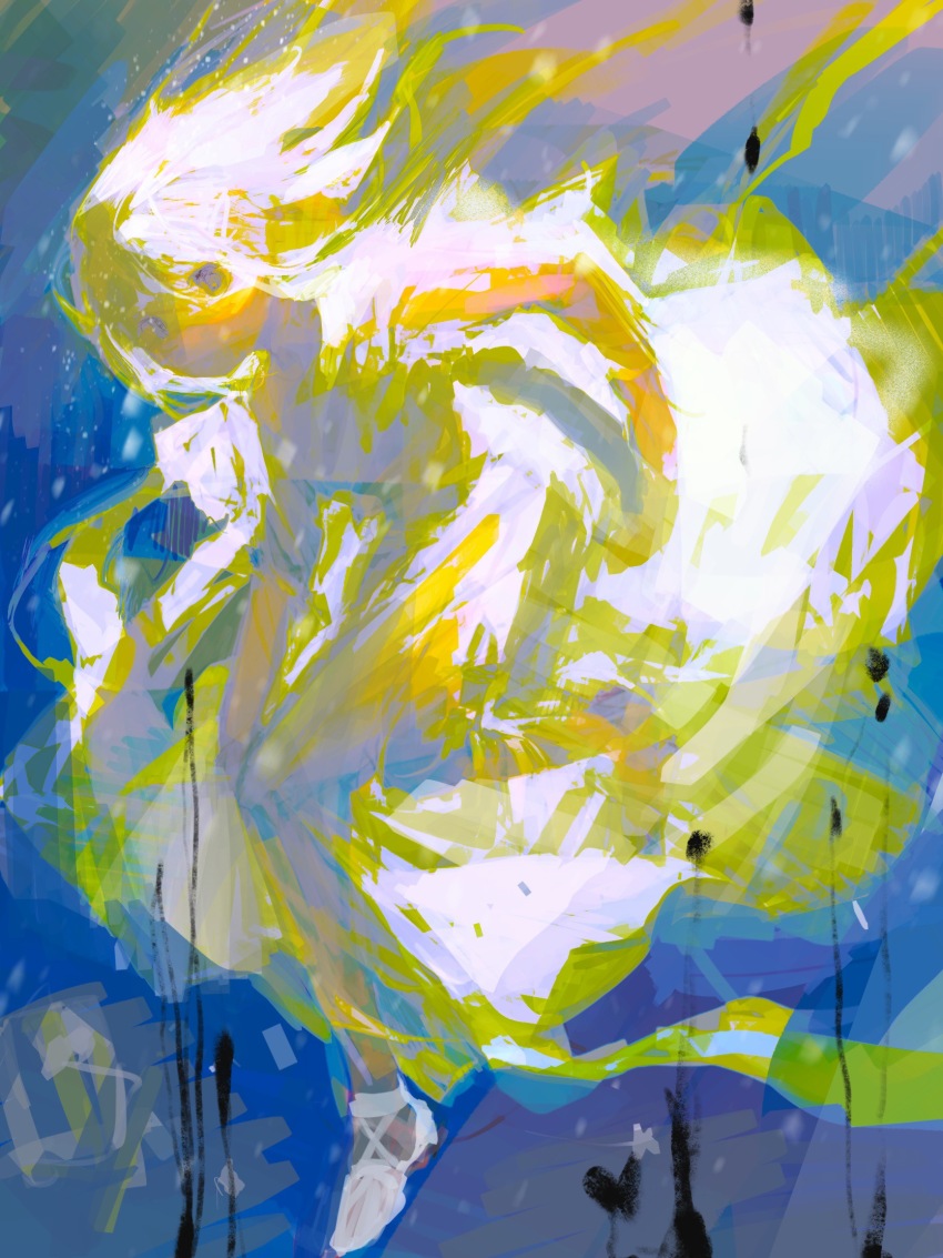 1girl blue_background commentary dress english_commentary full_body highres long_hair no_mouth no_nose original shoes sketch sleeveless sleeveless_dress solo tagme vihua6 white_dress white_hair white_shoes yellow_eyes