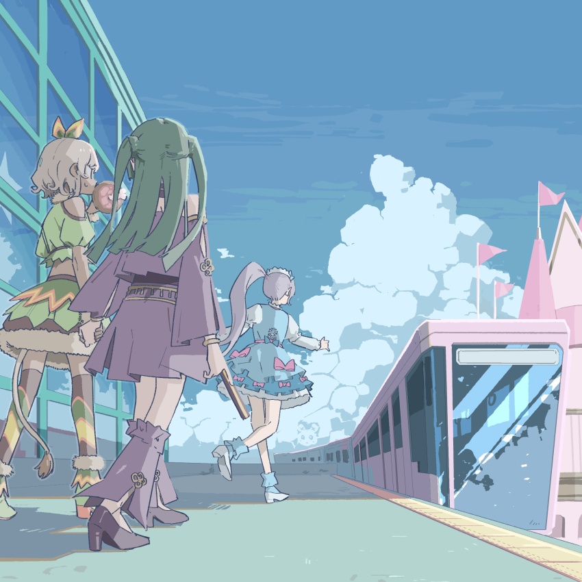 3girls blue_dress blue_sky blue_socks blunt_ends bow clothing_cutout cloud cropped_shirt day detached_sleeves dress facing_away flag folding_fan frilled_dress frills from_behind fur-trimmed_footwear fur_trim green_footwear green_hair green_skirt hair_bow hand_fan highres holding holding_fan idol_clothes idol_land_pripara kemura_(puripurinea) leg_warmers lion_tail long_hair long_sleeves manaka_non multiple_girls outdoors pink_bow pretty_series pripara puffy_short_sleeves puffy_sleeves purple_footwear purple_shirt purple_skirt purple_sleeves shirt short_hair short_sleeves shoulder_cutout side_ponytail skirt sky socks tactile_paving tail taiyo_pepper train train_station train_station_platform tsukikawa_chili two_side_up very_long_hair walking white_footwear