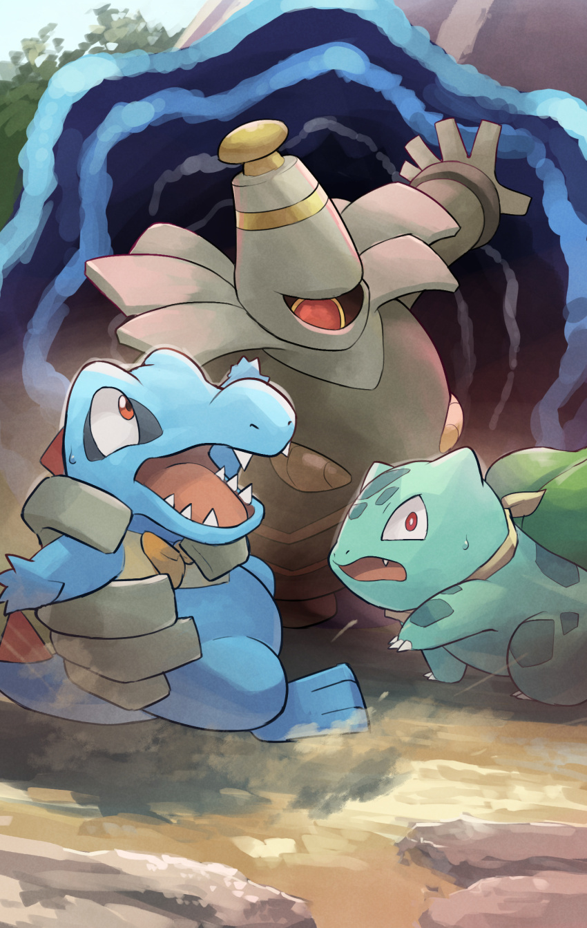 blue_skin bulbasaur colored_skin commentary_request crocodilian dusknoir fang gen_1_pokemon gen_2_pokemon gen_4_pokemon green_skin highres nintendo no_humans one-eyed open_mouth outdoors pokemon pokemon_(creature) pokemon_mystery_dungeon pokemon_mystery_dungeon:_explorers_of_time/darkness/sky portal_(object) red_eyes sharp_teeth surprised teeth totodile yamaori_(hakkentai_pokedan)