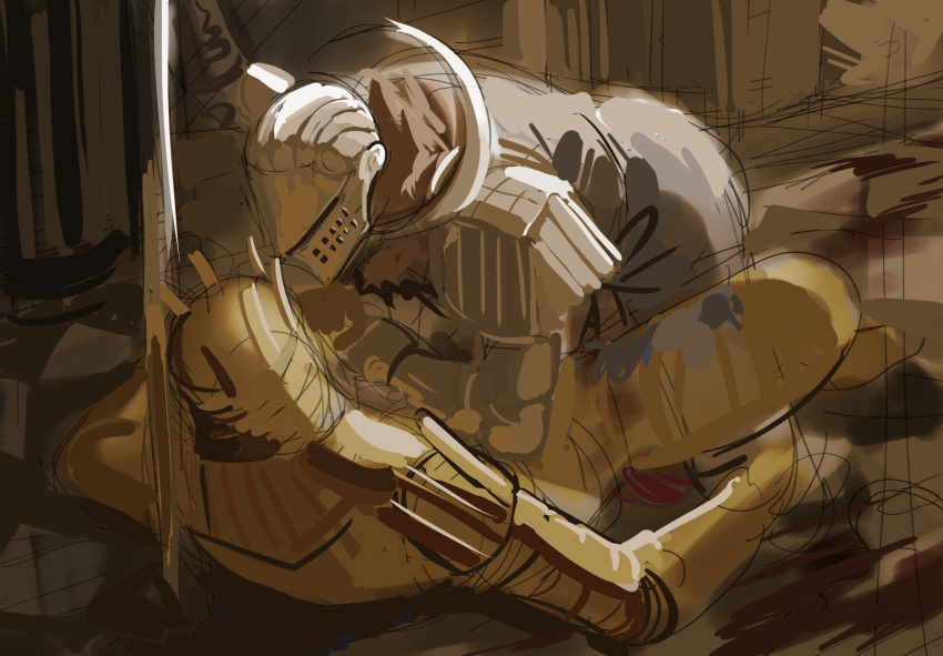 192_saioma 1boy 1other armor at_knifepoint chosen_undead commentary dark_souls_(series) dark_souls_i full_armor full_body gauntlets gold_armor helmet highres holding holding_sword holding_weapon knight knight_lautrec_of_carim looking_at_another pauldrons pinned shotel shoulder_armor sketch sword weapon