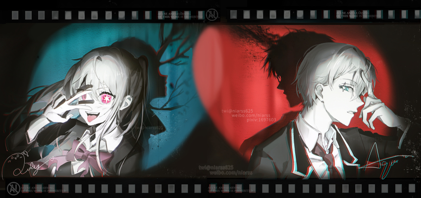 1boy 1girl black_jacket brother_and_sister collared_shirt commentary_request different_shadow highres hoshino_aquamarine hoshino_ruby jacket limited_palette necktie niarss open_mouth oshi_no_ko parted_lips pink_eyes school_uniform shirt siblings side_ponytail signature star-shaped_pupils star_(symbol) symbol-shaped_pupils tongue twitter_username v