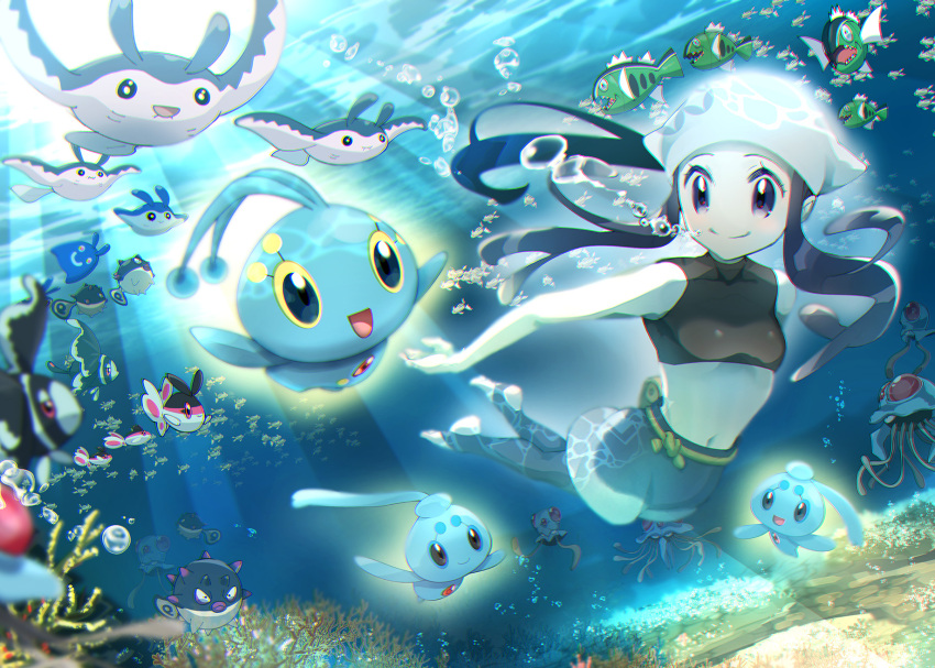 1girl air_bubble akari_(pokemon) aura basculin basculin_(white) black_eyes black_hair black_leggings blue_shorts bubble crop_top finneon fish gen_1_pokemon gen_2_pokemon gen_4_pokemon gen_5_pokemon headscarf highres hisuian_qwilfish legendary_pokemon leggings light_rays lumineon manaphy mantine mantyke midriff mitsuha_(bless_blessing) mythical_pokemon navel nintendo open_mouth phione pokemon pokemon_(creature) pokemon_legends:_arceus remoraid shorts sleeveless sleeveless_turtleneck smile swimming tentacool tentacruel toeless_legwear turtleneck underwater