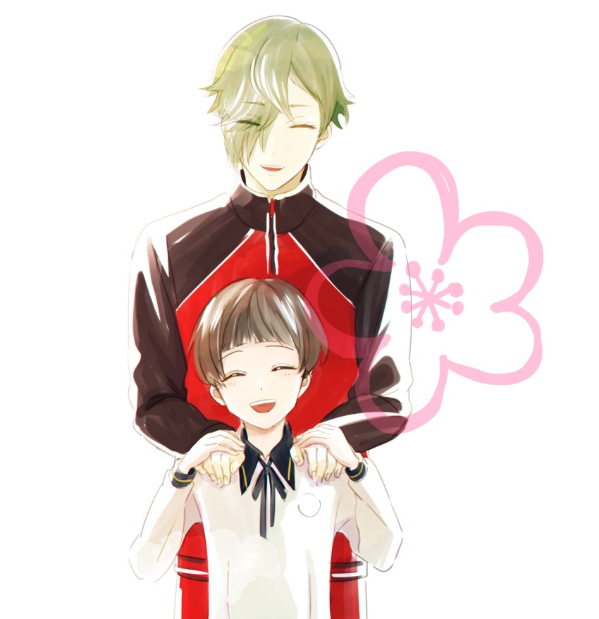 10s 2boys bad_id bad_twitter_id bob_cut casual cherry_blossoms closed_eyes eyes_visible_through_hair flower green_hair hair_over_one_eye hands_on_another&#039;s_shoulders highres hirano_toushirou jacket male_focus multiple_boys simple_background smile touken_ranbu touken_ranbu:_hanamaru track_jacket track_suit uguisumaru upper_body