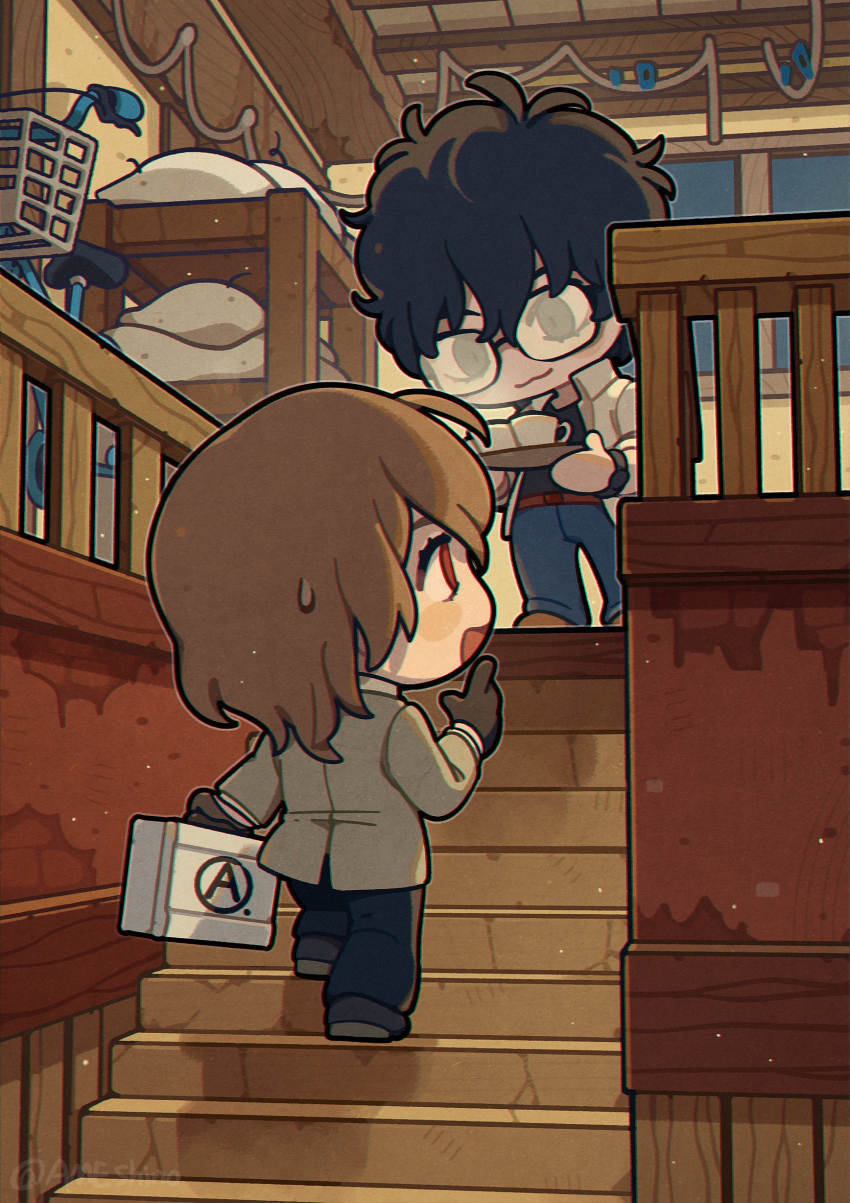 2boys absurdres akechi_gorou amamiya_ren ameshino bed bicycle black_eyes black_gloves black_hair black_pants black_shirt blue_pants briefcase bunk_bed chibi closed_mouth commentary cup glasses gloves grey_jacket highres holding holding_briefcase holding_tray jacket looking_at_another looking_down looking_up multiple_boys open_mouth pants persona persona_5 railing red_eyes shirt smile stairs sweatdrop teacup tray walking white_jacket window