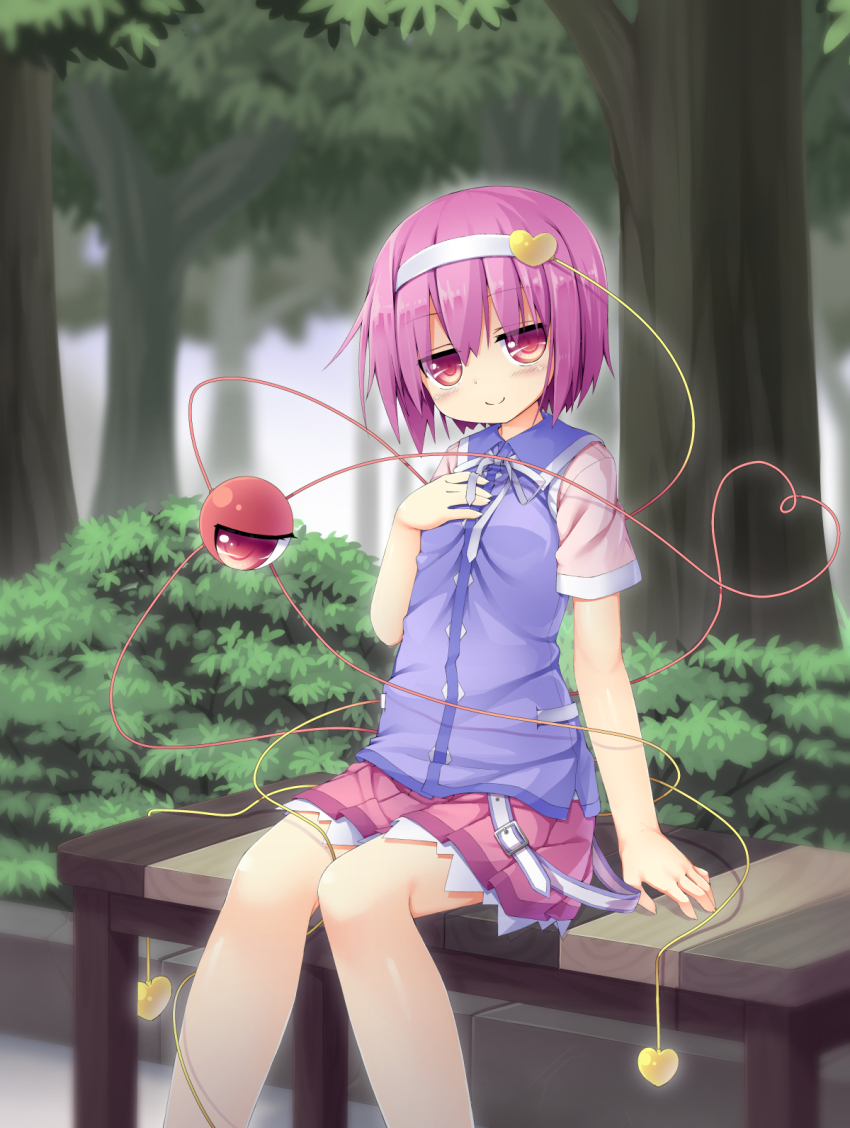 1girl bench female_focus forest hairband hassai heart heart_of_string highres komeiji_satori nature pink_eyes pink_hair shirt short_hair short_sleeves sitting skirt solo third_eye touhou vest