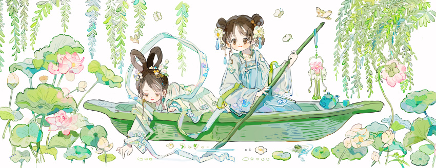 2girls absurdres bird blush boat brown_hair bug butterfly chinese_clothes closed_mouth dress flower hair_flower hair_ornament hanfu happy highres holding holding_oar insect long_hair long_sleeves looking_afar looking_down lotus lotus_leaf multiple_girls oar original pink_flower putong_xiao_gou smile tassel water watercraft white_background white_bird white_butterfly white_flower willow